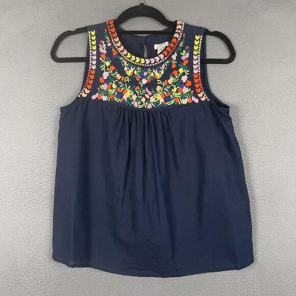 J. Crew Factory Tops - J Crew Top Womens 0 Navy Blue Sleeveless Embroidered Floral Linen Cotton Boho